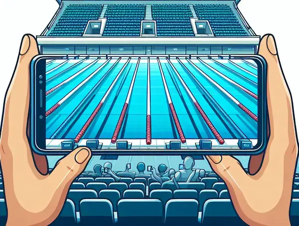 Record a swim race (breaststroke, butterfly, backstroke, freestyle) from the stands